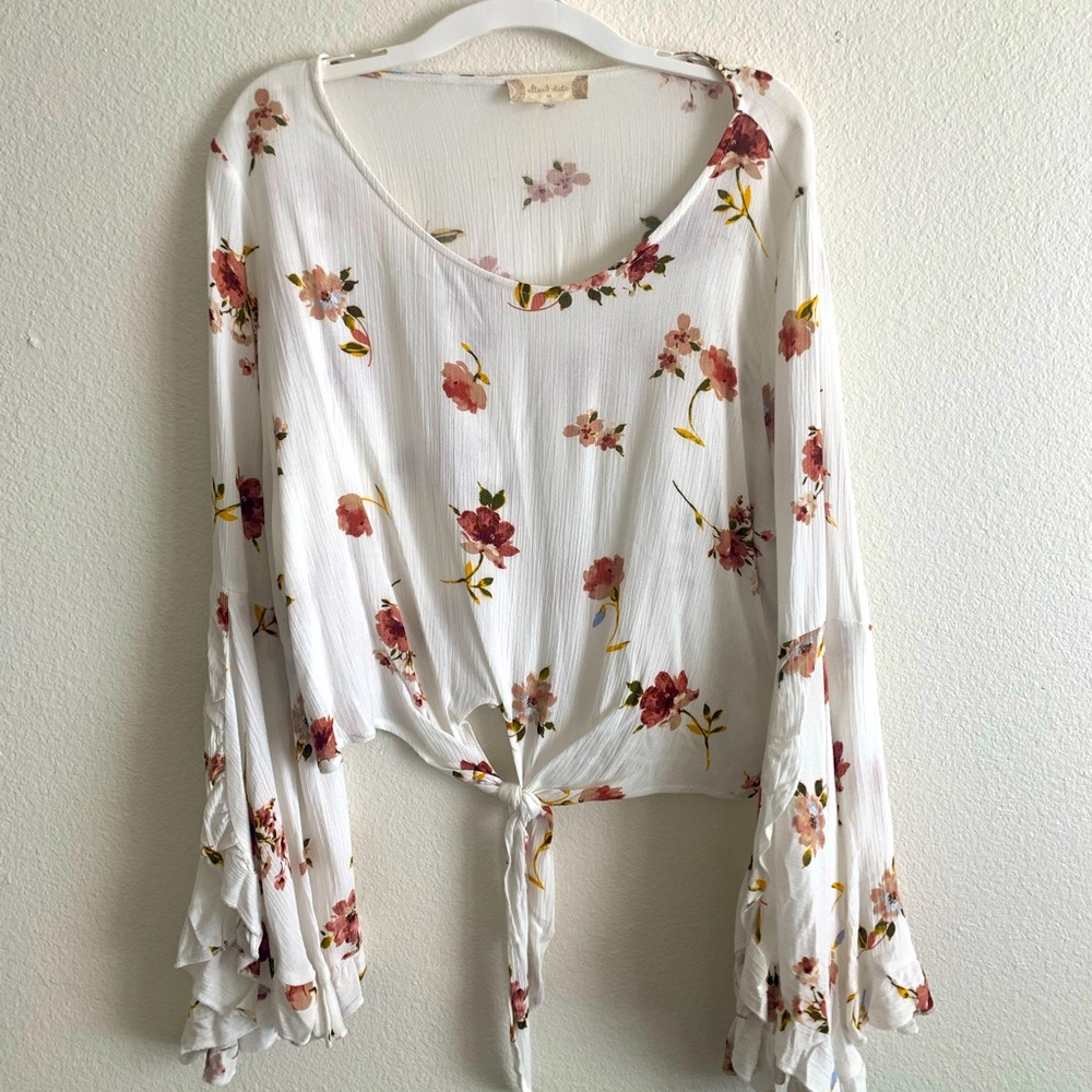 Floral Long-Sleeve Flowy Blouse with Front Tie